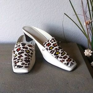 NWOB Franco Sarto Leopard Print Dyed Horse Hair Mule Slides. 7.5M